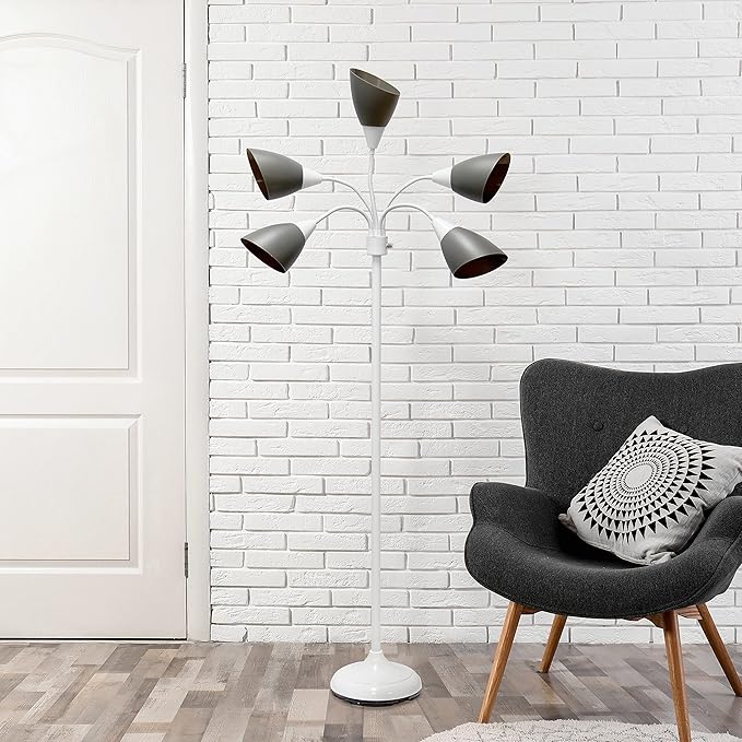 Simple Designs LF2006-GOW 67" Contemporary Multi Head Medusa 5 Light Adjustable Gooseneck White Floor Lamp with Gray Shades for Kids Bedroom Playroom Living Room Office