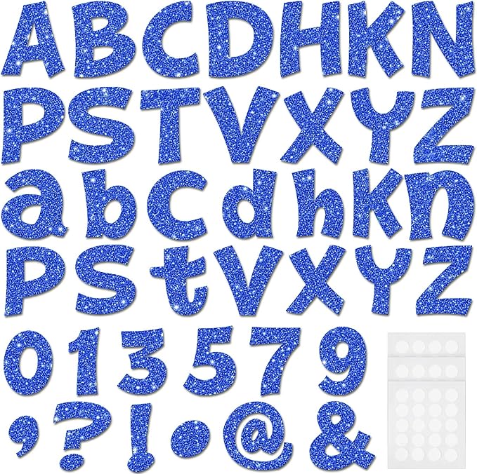 Colarr 216 Pcs Glitter Bulletin Board Letters for Classroom Number Alphabet Punctuation Symbol Cutout 4'' Die-Cut Poster Letter with Adhesive Dot School Party Holiday Decor Display(Blue)