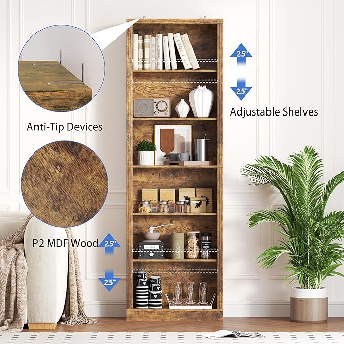 75" Tall Bookshelf, 6-Tier Floor Standing Bookcase with 2 Adjustable Shelves, 24" Wide Open Storage Shelf, Modern Display Organizer for Home Office, Living Room, Bedroom, Study