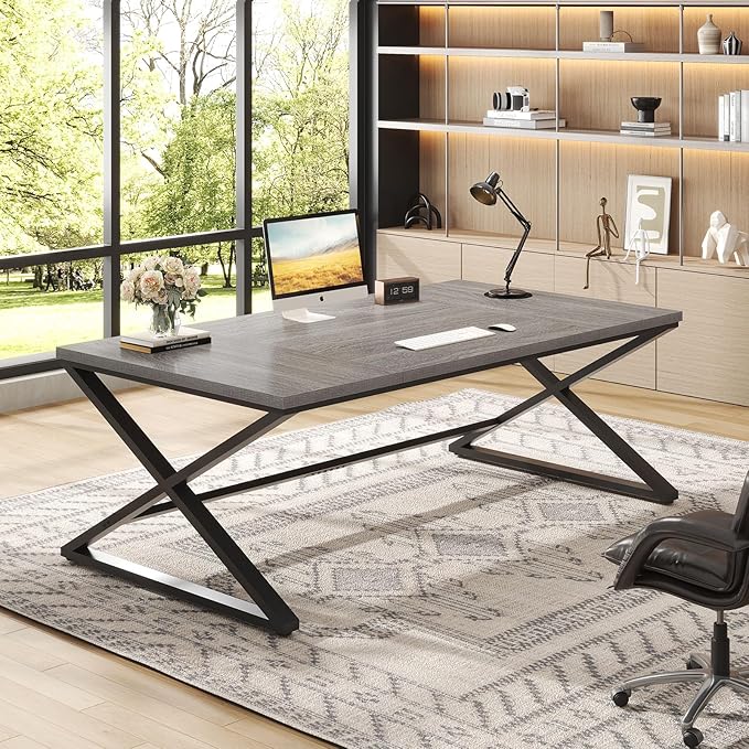 IBF Large Home Office Computer Desk, Industrial Long Work Study Writing Desk, Simple Executive Conference Table for 2 Person, Wood Metal Double Pc Gaming Workstation in Bedroom, Light Grey Oak, 70 in