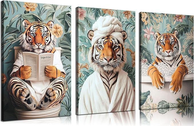 3pcs Funny Bathroom Tiger Canvas Wall Art Boho Tropical Botanical Tiger Reading Newspaper On Toilet Wall Decor Pictures Animal Humor In Bathtub Posters Prints for Bathroom Decoration Ready To Hang