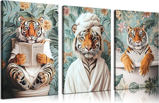 3pcs Funny Bathroom Tiger Canvas Wall Art Boho Tropical Botanical Tiger Reading Newspaper On Toilet Wall Decor Pictures Animal Humor In Bathtub Posters Prints for Bathroom Decoration Ready To Hang