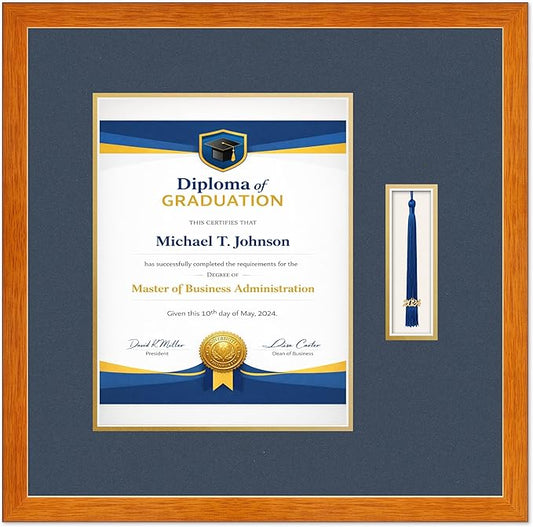 Diploma Frame with Tassel Holder Honey Oak Shadowbox Navy Blue Over Gold Mat - Fits 10 x 13 Degree Made in the USA