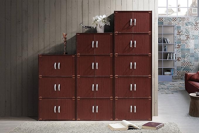 Hodedah 4-Shelf, 8-Door Bookcase Cabinet in Mahogany