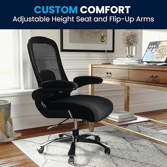 Flash Furniture Big & Tall Swivel Office and Gaming Chair with Lumbar and Back Support, Ergonomic Mesh Office Chair with Flip-Up Armrests and Adjustable Height, Black
