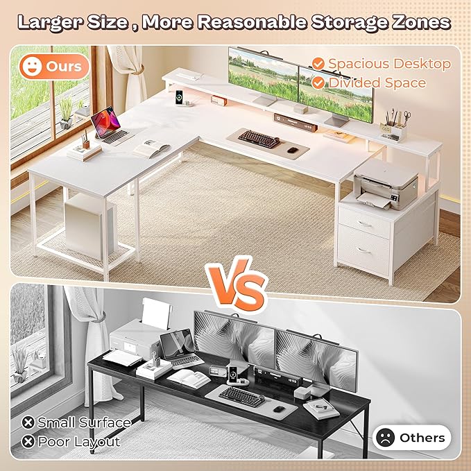 PRAISUN 66" L Shaped Gaming Desk with LED Lights & Power Outlets, Computer Desk with Fabric Drawers and Print Stand, Corner Office Desk, Monitor Stand, Mesh CPU Stand, White