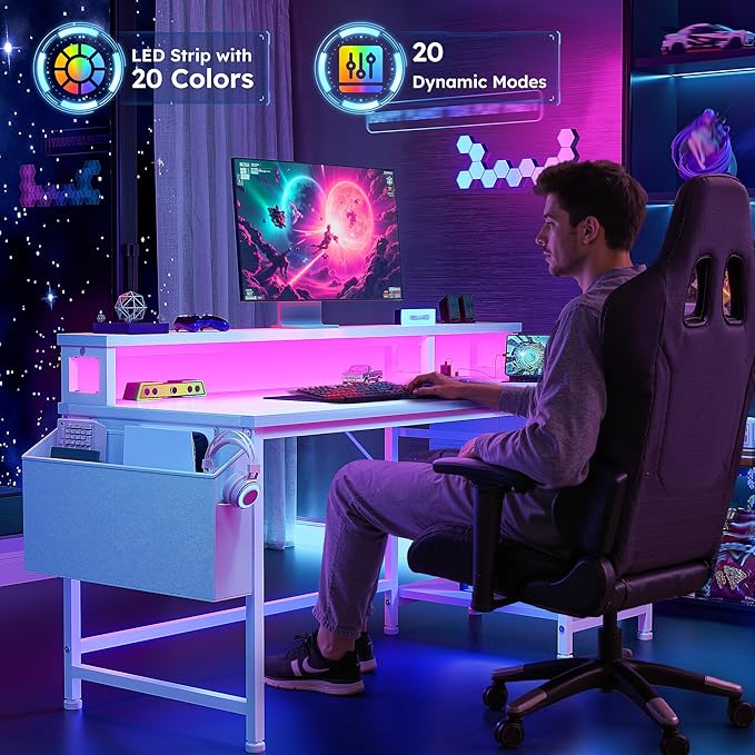 48" Computer Desk with LED Strip, Gaming Desk with Drawers & Storage Bag, Office Desk with Power Outlets & Monitor Stand, Home Office Desks for Bedroom, Gaming Room, White