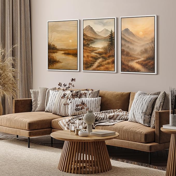 SIGNFORD Framed Wall Art Print Set Golden Hour Mountain River Serene Nature Landscape Digital Art Modern Art Contemporary for Living Room, Bedroom, Office - 24"x36"x3 White