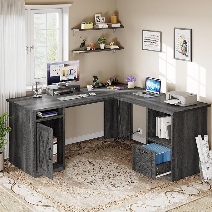 DWVO L Shaped Desk with File Drawer, 60" Corner Computer Desk with Power Outlets, Home Office Desk with Monitor Stand & Storage Shelves & File Cabinet, Grey