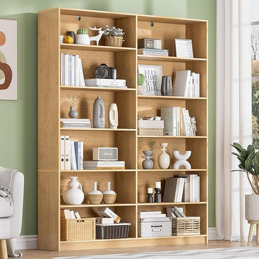 Freestanding Bookshelf and Bookcase, 6 Tier Double Wide Bookshelves, Home Display Storage Shelves 70.8” Tall Bookcases for Home Decor Bedroom, Living Room, Natural