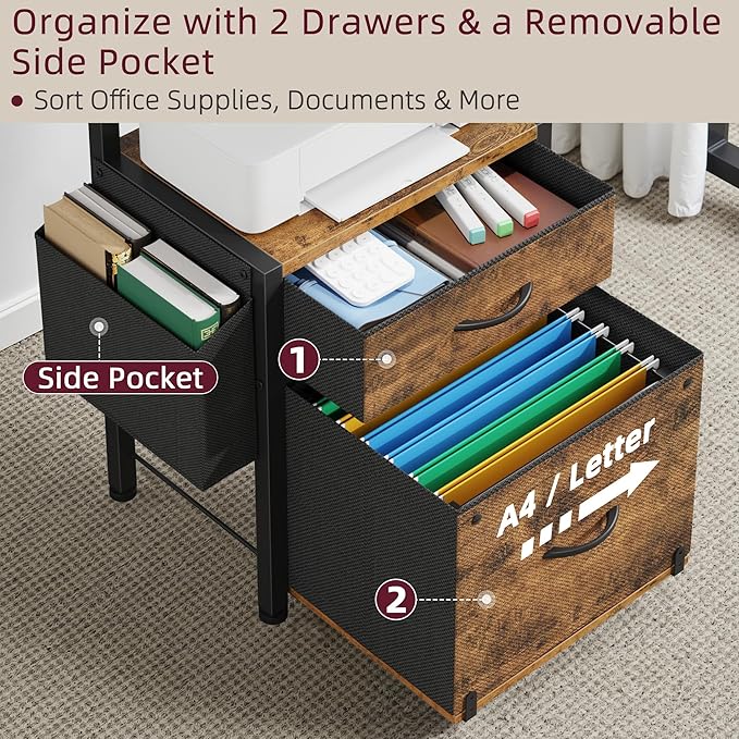 Filing Cabinet with 2-Tier Printer Shelves, 2 Fabric Drawers File Cabinet with Side Bag&File Drawer for A4/Letter Size, Printer Stand with Storage for Home Office, Rustic Brown, 16.5" W