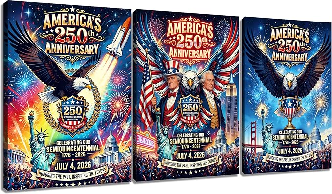 DINGFUN USA 250th Anniversary Wall Decor, America 250 Semiquincentennial 3 Panel Framed Canvas Art, 1776-2026 Patriotic Eagle and Statue of Liberty Large Artwork for Hallway, 60x28 Inch
