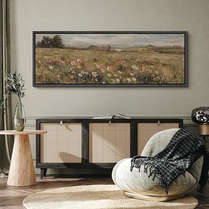 SIGNFORD Large Framed Canvas Pastoral Flower Field Landscape Classic Illustrations Modern Art Calm Warm for Living Room, Bedroom, Office - 60"x20"