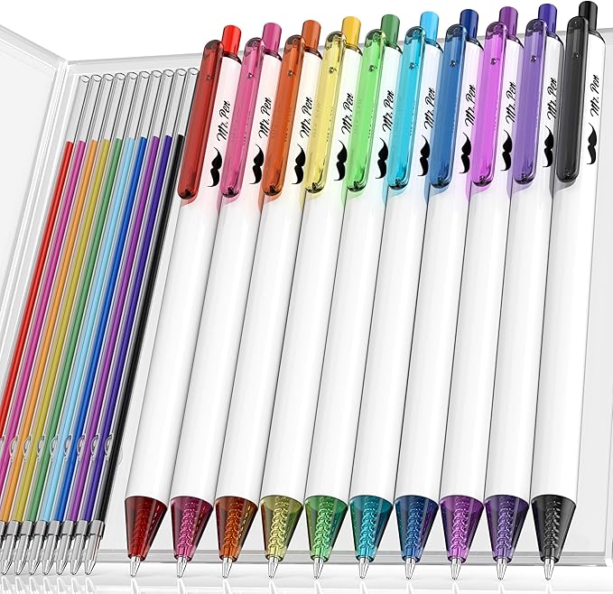 Mr. Pen- Cute Ballpoint Pens Assorted Color Ink, 0.7mm, 10 Colorful Ink Ballpoint Pens with Case and 12 Refills, Cute Pens for Journaling
