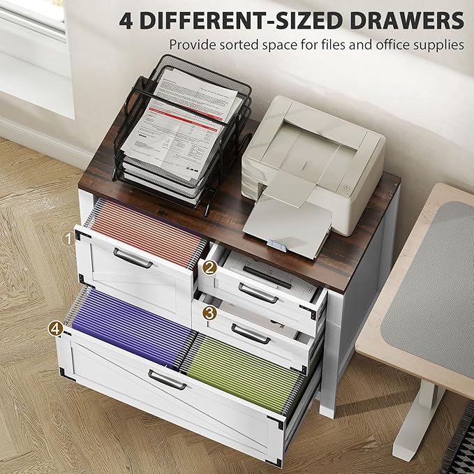 HOMCOM 4 Drawer File Cabinet, Farmhouse Lateral Filing Cabinet with Adjustable Hanging Rails for Letter/A4/Legal Size Files, Printer Stand for Home Office, White