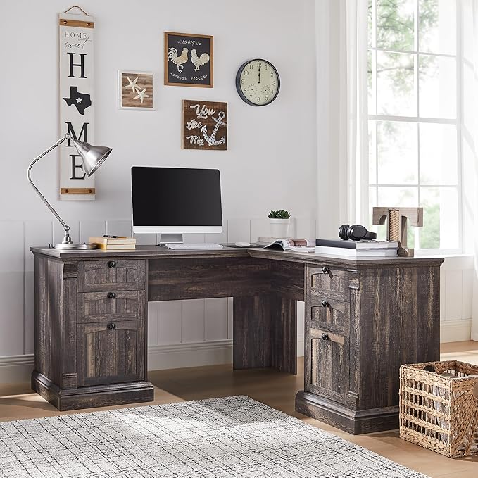 OKD 60" L Shaped Executive Desk with Drawers, Farmhouse Home Office Desk with Charging Station, File Cabinet Storage, Wood Corner Computer Desk for Work and Study, Dark Rustic Oak