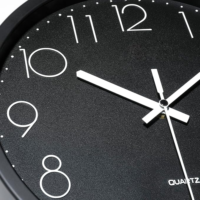 Plumeet Wall Clock, 12'' Bedroom Wall Clocks Battery Operated, Silent Quartz Clock Decorate Kitchen Living Room, 3D Numbers Display Easy to Read, Black