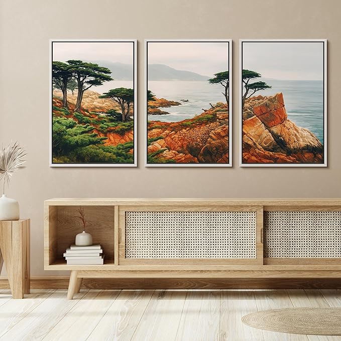 SIGNFORD Framed Wall Art Print Set Coastal Cypress and Rocky Shoreline Scenic Landscape Digital Art Modern Art Contemporary for Living Room, Bedroom, Office - 16"x24"x3 White