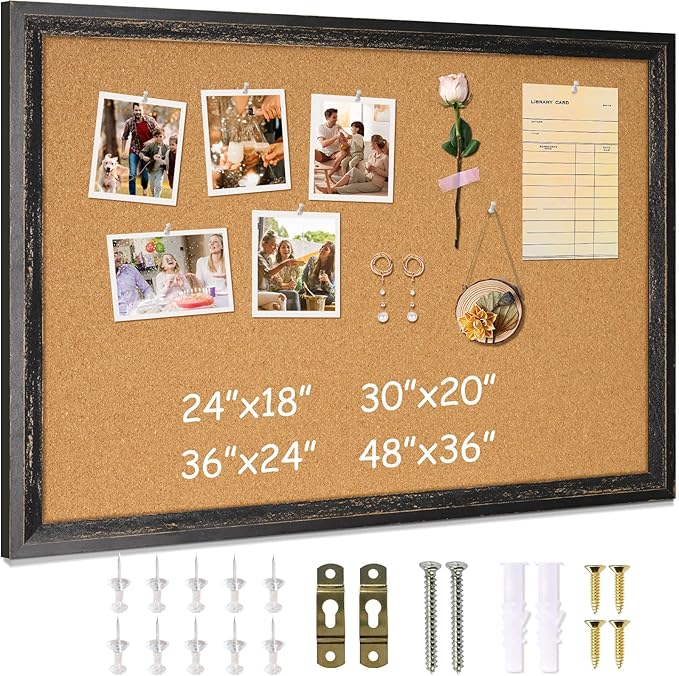 DOLLAR BOSS Cork Board for Office 30 X 20 Inches Cork Boards for Walls Bulletin Board, Decorative Hanging Pin Board Rustic Wooden Frame Vision Board Cork Notice Board for Office Home Decor, Black