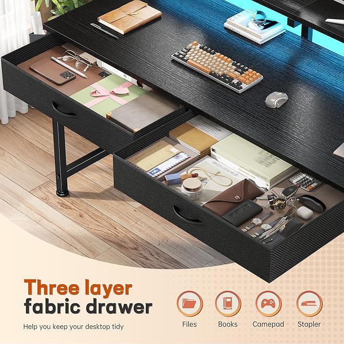 47.3Inch Gaming Desk with LED Lights with 2 Drawers, Home Office Desk Computer Desk with Side Pocket & Ergonomic Monitor Stand, Small Space Study Writing Table with Anti-Tip Design,Black