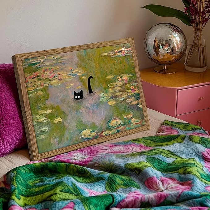 Framed Cat Wall Art, Pink Whimsical Claude Monet Wall Decor, Funny Black Cat Bathroom Pictures Paintings, Vintage Cute Animal Water Lilies Aesthetic Posters Prints for Bathroom Bedroom 16x24 Inch