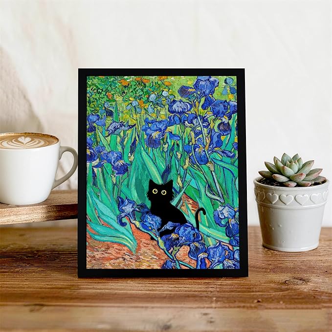 Fantasy Artists Van Gogh Irises Cat Wall Art, Framed Vintage Garden Canvas Wall Decor, Funny Black Cat Poster Prints, Paintings,Bathroom,bedroom,Living Room Artwork Decorations 8" Wide X 10" Height