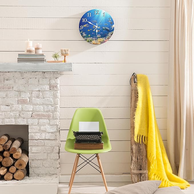 Britimes Round Wall Clock Silent Non-Ticking Battery Operated Clock 10 Inch, Underwater Coral Reef Tropical Fish Home Decor for Living Room, Bathroom, Bedroom, Kitchen, Office and School