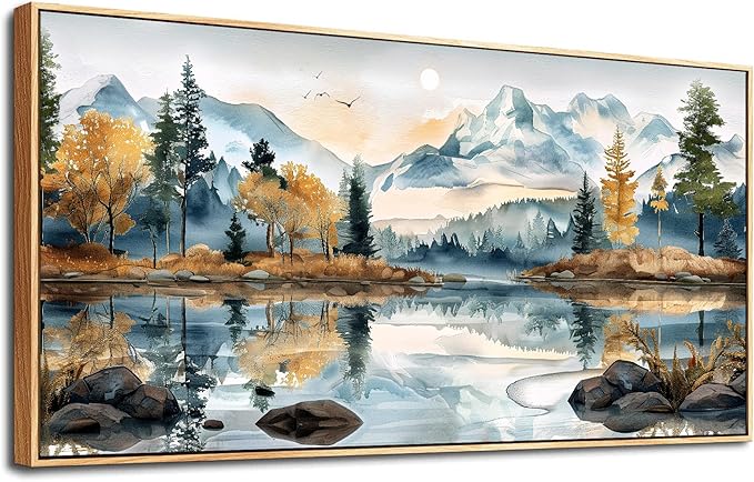 ERQINHUA Large Canvas Wall Art for Living Room Wall Decor for Bedroom Office Mural Abstract Watercolour Paint Tree Lakeside Landscapes Picture Artwork Home Decor Ready to Hang Wood Framed 24x48 In