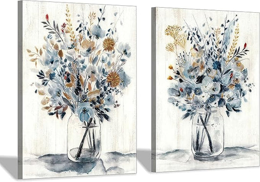 Hardy Gallery Floral Painting Canvas Wall Art: Abstract Flower Bouquet in Glass Bottle Picture Print for Dining Room (18'' x 24'' x 2 Panels)