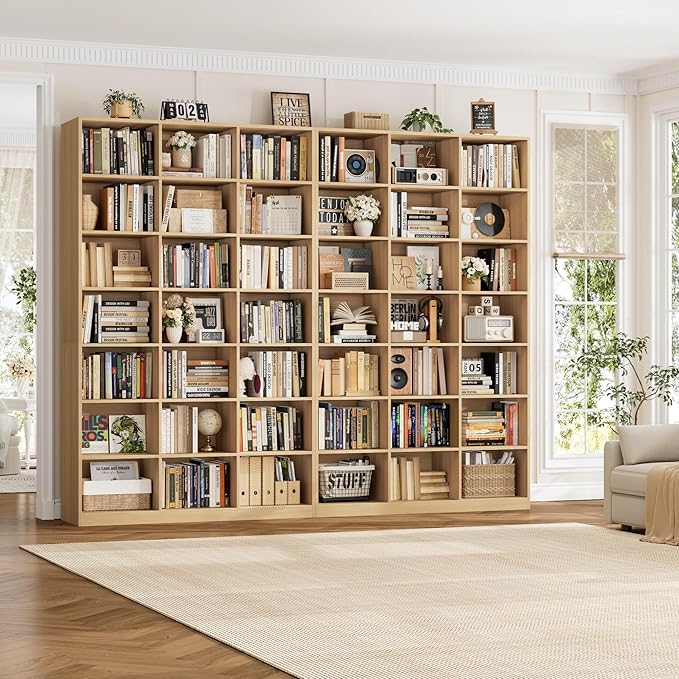 HOSTACK 86" H Triple Wide Bookshelf and Bookcase, 7 Tier Tall Bookshelf with Storage, Large Bookcase with 21 Open Display Storage Shelves, Book Shelf Media CD DVD Storage for Living Room, Light Wood