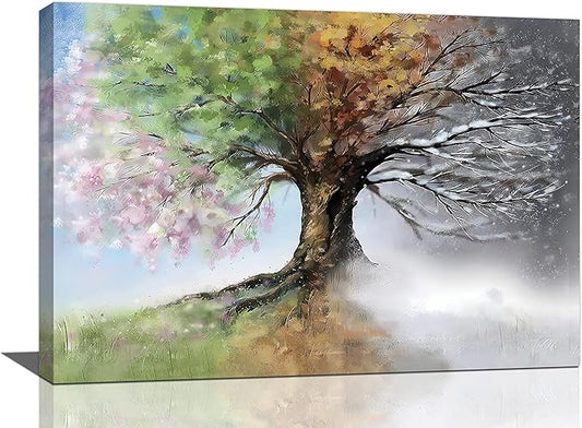 yerretin Tree of Life Wall Art Colorful Country Trees Pictures Wall Decor Rustic Four Season Canvas Painting Modern Artwork Home Decorations for Bathroom Living Room Bedroom Office Framed 24"x16"