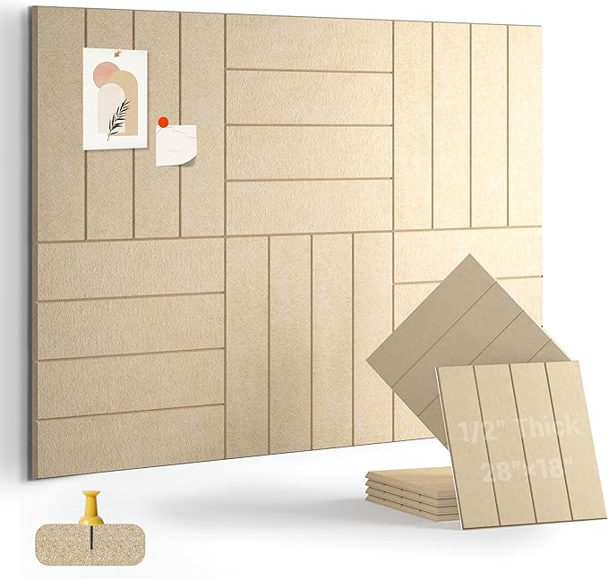 1/2" Thick Cork Board for Office, 6 Pack Felt Wall Tiles -28"x18" with Safe Adhesive Tabs, Large Bulletin Board, Push Pin Board Organizer Wall - Tan