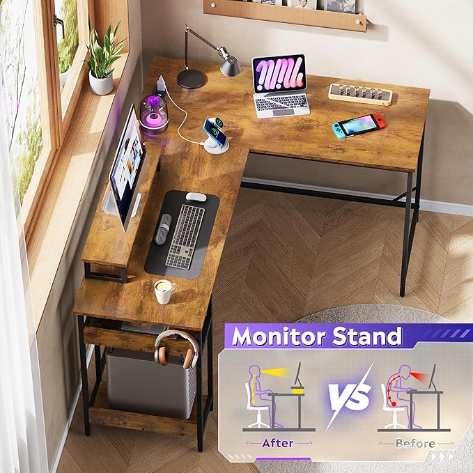 DEVAISE 60 Inch L Shaped Gaming Desk with LED Lights & Power Outlets, Corner Desk for Small Spaces, Sturdy PC Computer Table with Storage for Home Office, Rustic Brown
