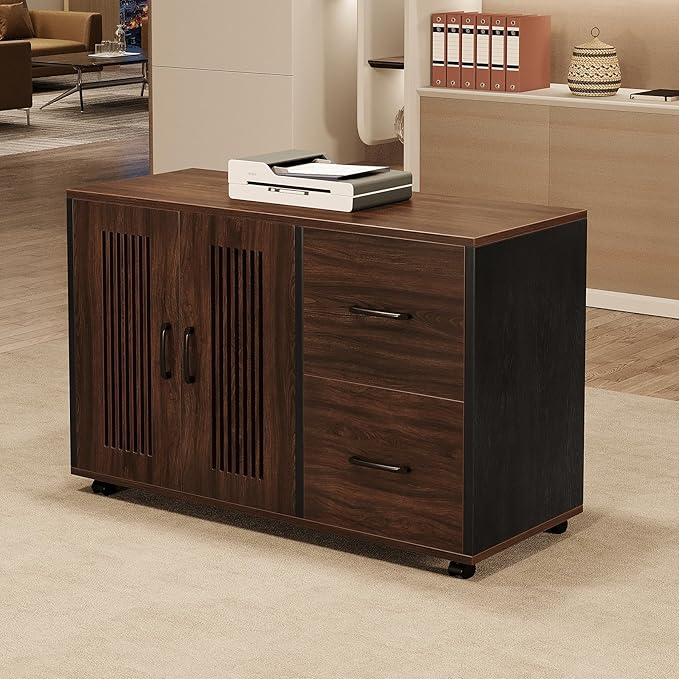 Tribesigns 2-Drawer Mobile File Cabinet, Lateral Filing Cabinet with Door Storage Cabinet and Wheel Casters, Wood File Cabinet for Home Office (Dark Walnut & Black, Only File Cabinet)
