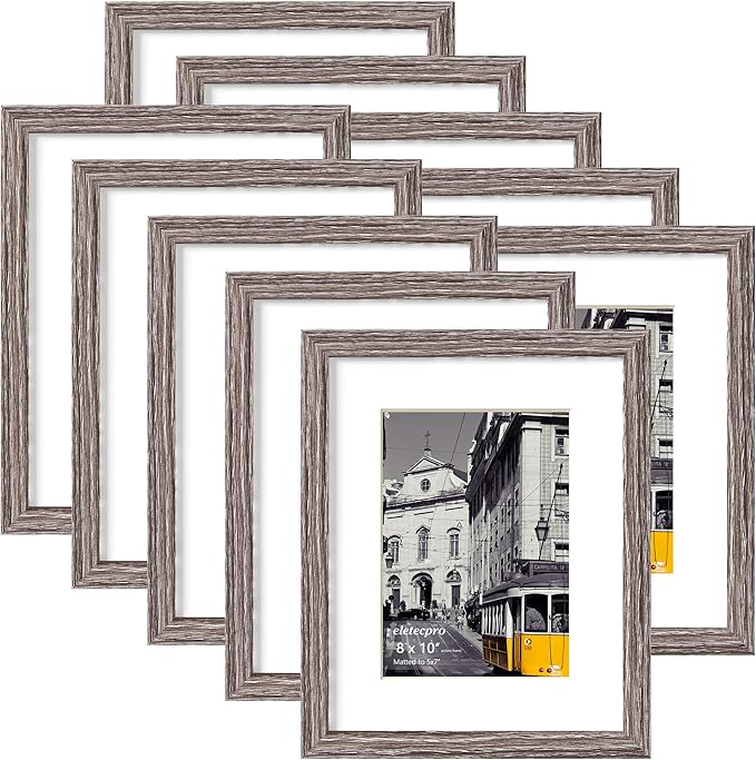 eletecpro 8x10 Picture Frames Set of 10, Gallery Wall Frame Display 5x7 Photo with Mat or 8x10 without Mat, Picture Frame Collage Wall Decor for Wall Mounting, Weathered Grey