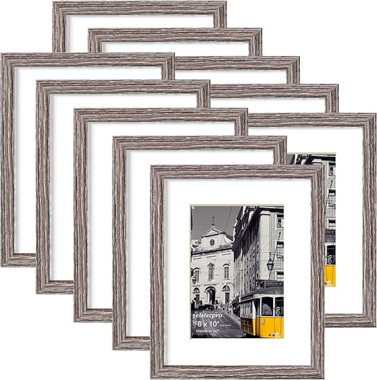 eletecpro 8x10 Picture Frames Set of 10, Gallery Wall Frame Display 5x7 Photo with Mat or 8x10 without Mat, Picture Frame Collage Wall Decor for Wall Mounting, Weathered Grey