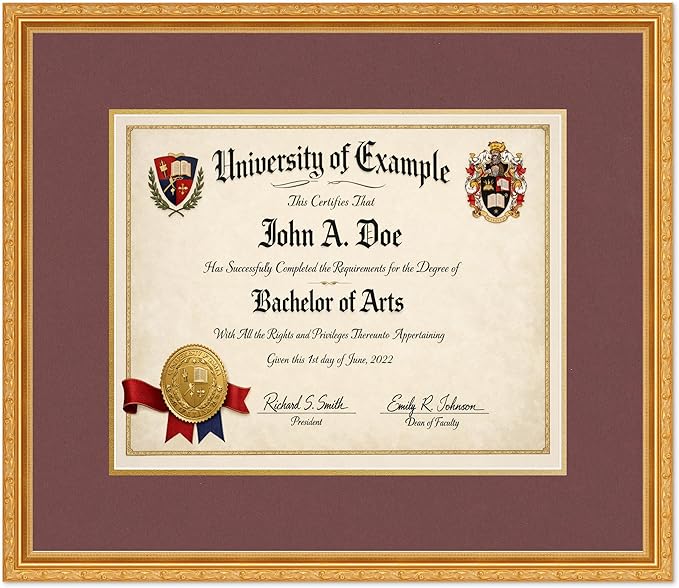 CountryArtHouse Diploma Frame Fits 15 x 12 Military/Government - Keepsake Graduation Display Museum Gold Genuine Hardwood with Dark Red Over Metallic Gold Double mat