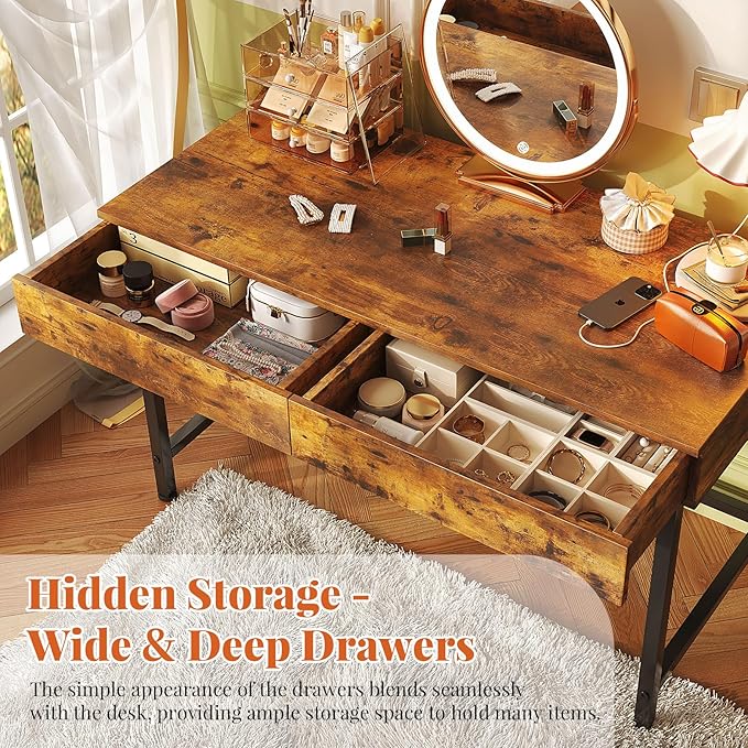 VERMESS 40 Inch Solid Wood Desk with Drawers, Small Computer Desk for Small Space,Modern Makeup Vanity Desks No Mirror, Writing/Study/Work Table for Home Office, Kids Desks for Bedroom, Rustic Brown