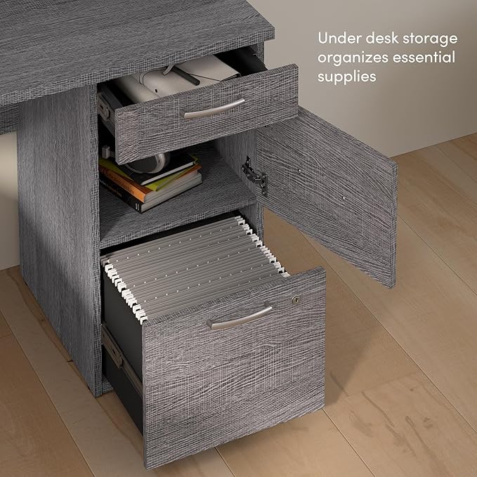 Bestar U or L Shaped Desk with Drawers and Hutch, Executive Workstation for Home or Professional Office, 66 Inches, Logan Collection, Bark Grey