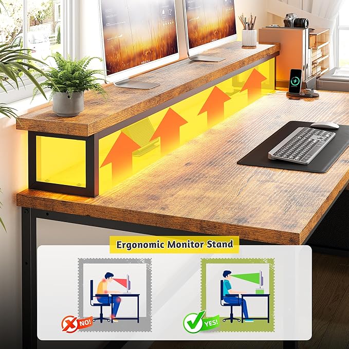 Computer Desk with Monitor Stand,Office Desk with LED Lights &Power Outlets,Gaming Desk with Drawers & Printer Shelf,Writing Table with Side Storage Bag,57" W x 20" D x 36" H,Rustic Brown