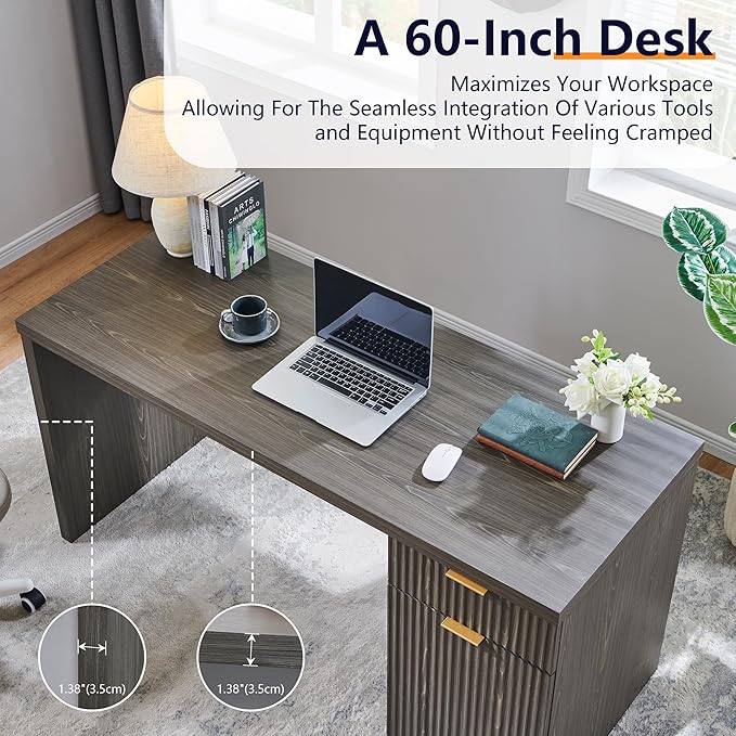 JXQTLINGMU 60" Modern Executive Desk with Storage, Wood Home Office Desk with Drawer & Cabinet, Fluted Computer Writing Desk for Study, Living Room, Bedroom, Grayish Green