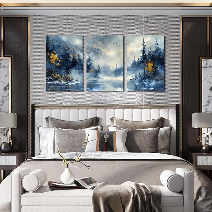 SIXTTART Trees Canvas Wall Art for Living Room - Blue Forest Wall Decor Office - 3 Piece Pictures Wall Art Size 16" x 24"