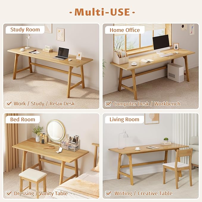 IOTXY Solid Wood Writing Table - 60" W x 24" D Minimalist Computer Desk for Home Office, Work, Study, Creativity, and PC Workstation, Oak