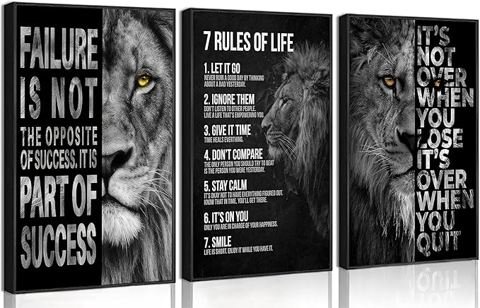 3Pcs Inspirational Lion Wall Art Motivational Black and White Inspiring Animal 7 rules of life Quotes Posters Pictures Wall Decor Canvas Print Artwork for Office Living Room Home Decoration Unframed