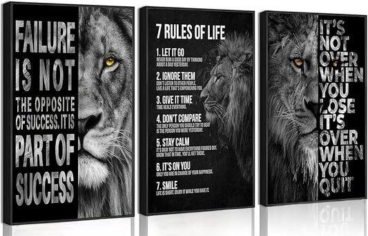 3Pcs Inspirational Lion Wall Art Motivational Black and White Inspiring Animal 7 rules of life Quotes Posters Pictures Wall Decor Canvas Print Artwork for Office Living Room Home Decoration Unframed