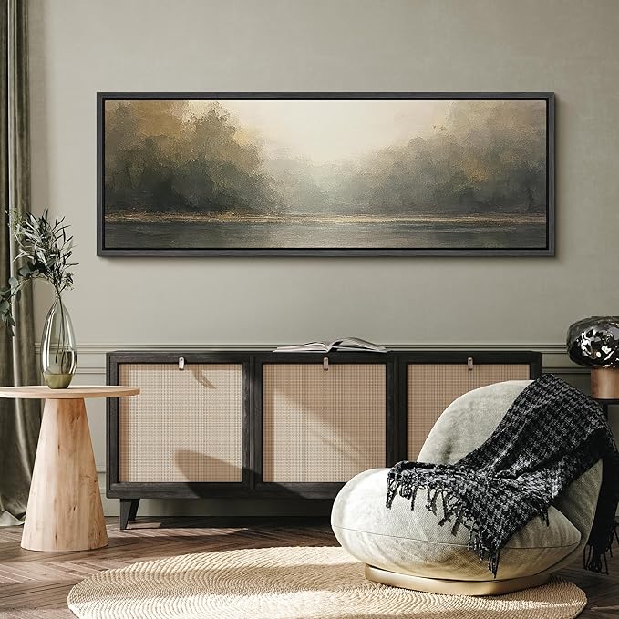 SIGNFORD Large Framed Canvas Foggy Forest River Morning Illustrations Modern Art Calm Warm for Living Room, Bedroom, Office - 60"x20"
