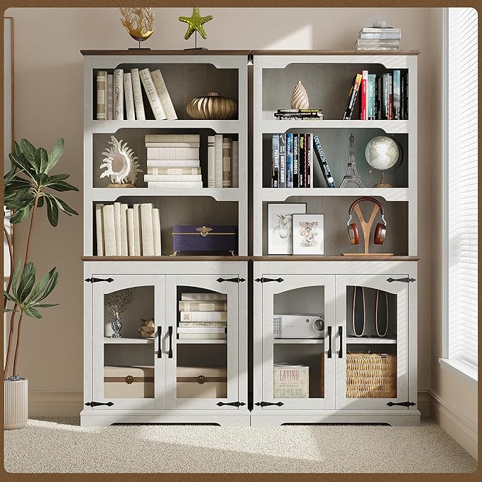 Tall Bookcase, 70 inch Height, 5-Tier Open Storage Shelf, 31.5 in Wide Standing Bookshelves for Home, Office, Bedroom, School, Library, 31.5W * 11.81D *70H (White Espresso, Glass Door)