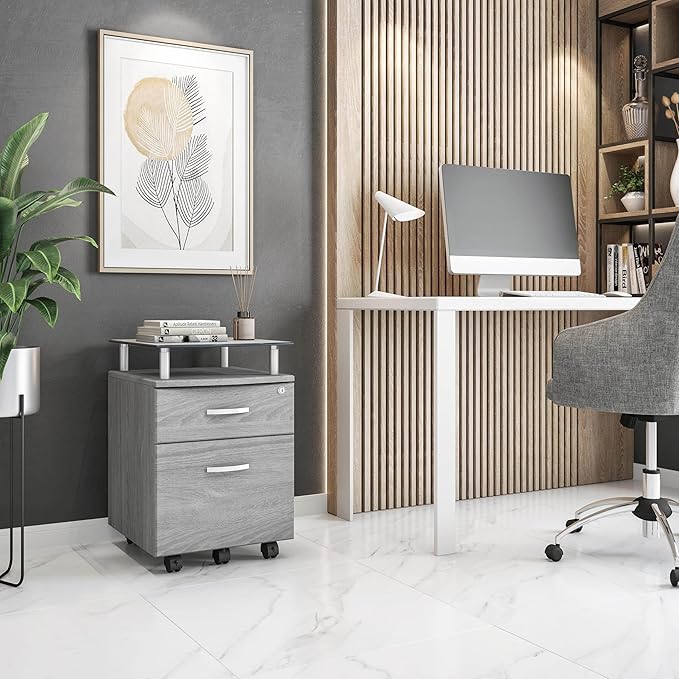 2-Drawer Rolling File Cabinet with Lock and Glass Top, Under Desk File Cabinet with Wheels, Printer Stand, Grey