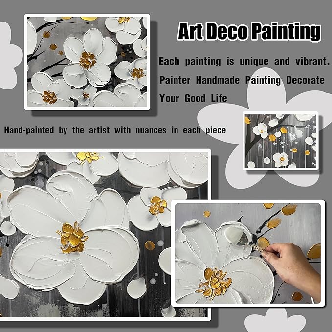 WDHCG Flower Hand Painted Wall Art For Office Women - Large Modern Art Wall Decor For Living Room - White Huge Canvas Wall Art For Bedroom Size 36 x 72 Inch