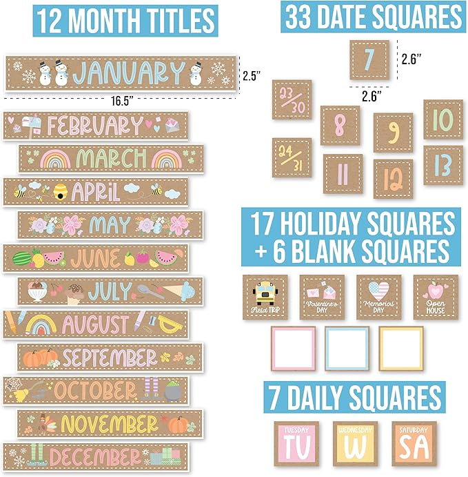 Hadley Designs Classroom Calendar Set Bulletin Board Decorations - Kraft School Calendar for Classroom Decor, Kindergarten Preschool Elementary Teacher Must Haves, Homeschool & Daycare Essentials
